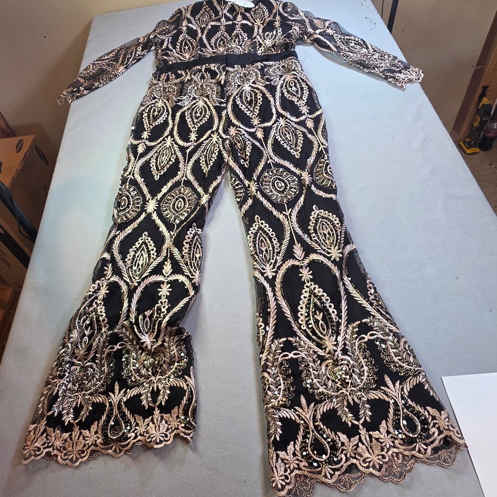 Boohoo Sequin Embroidered Mesh Jumpsuit Black Gold Wide Leg Plus Size 16/18 NEW - Picture 8 of 8